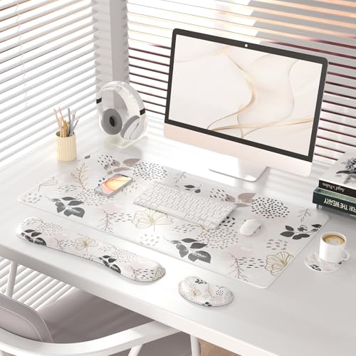 QIYI Leather Desk Mat Set, 4-in-1 Large Mouse Pad with Ergonomic Wrist Rest, Waterproof Desk Pad + Keyboard Wrist Rest + Mouse Wrist Support+Coaster, Non-Slip Office Gaming Accessories, Botanical Leaf - color: Botanical Leaves