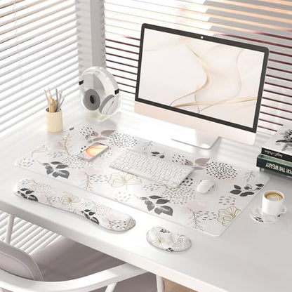 QIYI Leather Desk Mat Set, 4-in-1 Large Mouse Pad with Ergonomic Wrist Rest, Waterproof Desk Pad + Keyboard Wrist Rest + Mouse Wrist Support+Coaster, Non-Slip Office Gaming Accessories, Botanical Leaf - color: Botanical Leaves
