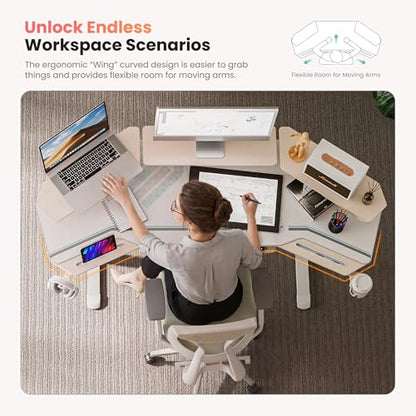 EUREKA ERGONOMIC Standing Desk with Keyboard Tray, Large Music Studio Gaming Desk, Wing Shaped Sit Stand Table 72'', LED Convertible Shelves, Dual Motor&Slot, Maple - color: Maple, size: 72"W x 35"H-Adjustable