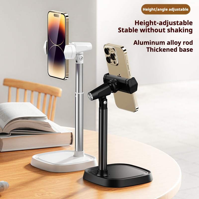 Height Adjustable Phone Stand for Desk, Retractable Desktop Phone Holder, 180° Flip & 360° Rotation Design，Compatible with iPhone/Android Devices,Ideal for Live Streaming and Video Recording (White)