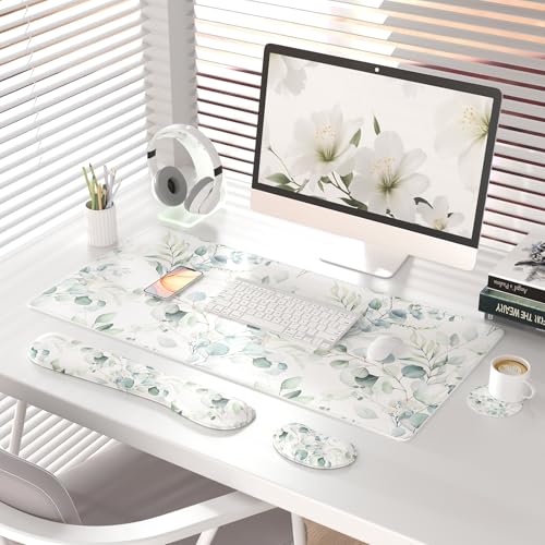 QIYI Leather Desk Mat Set, 4-in-1 Large Mouse Pad with Ergonomic Wrist Rest, Waterproof Desk Pad + Keyboard Wrist Rest + Mouse Wrist Support + Coaster, Non-Slip Office Gaming Accessories, Eucalyptus - color: Eucalyptus Branches