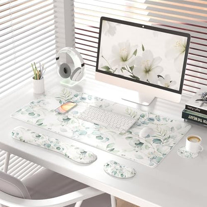 QIYI Leather Desk Mat Set, 4-in-1 Large Mouse Pad with Ergonomic Wrist Rest, Waterproof Desk Pad + Keyboard Wrist Rest + Mouse Wrist Support + Coaster, Non-Slip Office Gaming Accessories, Eucalyptus - color: Eucalyptus Branches