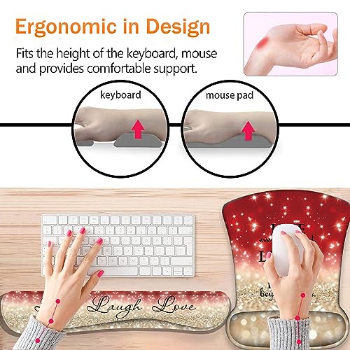 Keyboard Wrist Support + Wrist Mousepad + Coaster Combination, Non-Slip PU Base, with Gel Memory Mousepad, Suitable for Gaming, Office Pain Relief Mousepad Set - Red Glitter Quote ?Live Laugh Love - color: Red Glitter Quote ?Live Laugh Love