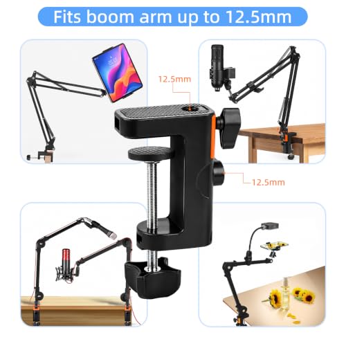 2-in-1 Desktop C Clamp Mount for Mic Boom Arm, Sturdy Heavy Duty Table Clip, Dual 12.5mm Hole Anti-Slip No Drill Desk Clamp fits 6.5cm Desktops for Mic Stand，Overhead Camera Arm - size: XZ002