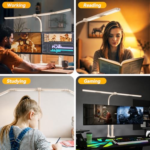 Adjustable LED Desk Lamp with Clamp, 4-Head Eye-Caring CRI95+ Desk Light, Stepless Dimming & Color Temp Remote Control, Flexible Neck, 5-Mode for Reading, Computer, Crafting, 90" Wide Desk Coverage - color: White