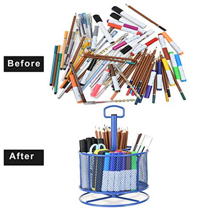 Marbrasse Mesh Desk Organizer, 360-Degree Rotating Multi-Functional Pen Holder, 4 Compartments Desktop Stationary Organizer, Home Office Art Supply Storage Box Caddy (Blue) - color: Blue