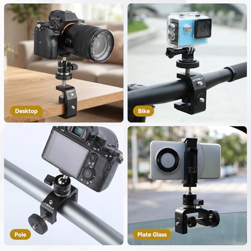 UTEBIT 40mm C-Clamp Camera Mount with Mini Ball Head, Black | 1/4 Thread Hole Metal Clamp with 360° Swivel Ballhead Camera Mount 1/4 Hot Shoe Adapter for Camera Desk Bicycle Woodworking - size: 40mm