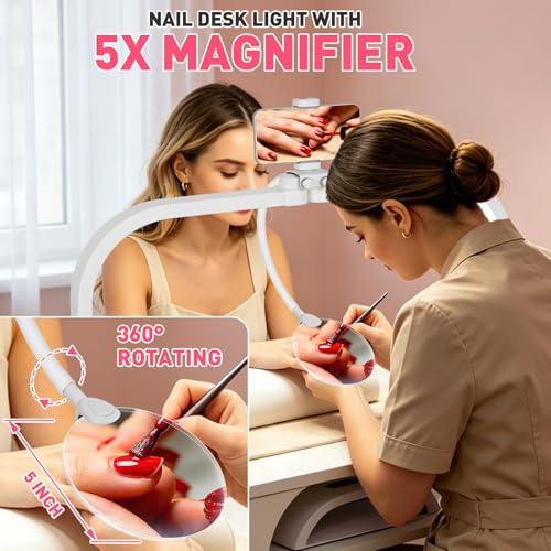 HITTI Half Moon Light for Nail Desk with 5X Magnifier, 30" Foldable LED Arch Tech Lamp with Phone Holder for Manicure, Handicraft, Art, Eyelash Extension - 3 Color Modes & 10 Brightness, Home & Salon - color: White