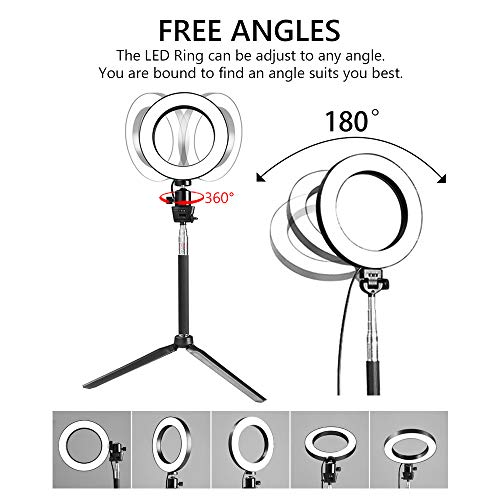 LED Ring Light with Stretchable Tripod Stand Selfie Stick, 6-inch Dimmable Floor/Table Annular Lamp for Selfie, Makeup, Live Stream, YouTube, Vlog, Camera/Phone Video Shooting USB Plug - color: Black-6''