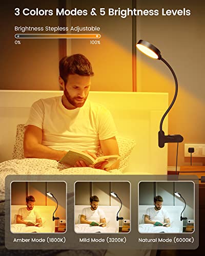 Glocusent 5W Clip on Light, 36 LED Eye Caring Reading Light for Bed, 3 Colors & 5 Brightness Clip on Lamp with Adapter, Perfect Desk Lamp with Clamp/Bunk Bed/Headboard/Table - color: Black