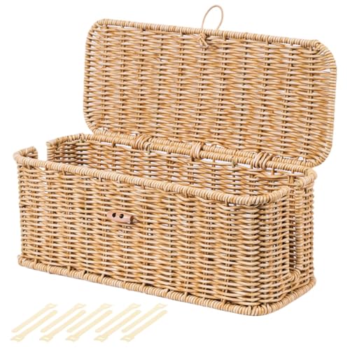 BROWNLILY Cable Management Box, Rattan Style Cord Organizer for Desk Cord Hider Outlet Covers for Power Strip TV PC Router Charger Under Desk Storage - Natural Small - color: Natural, size: M