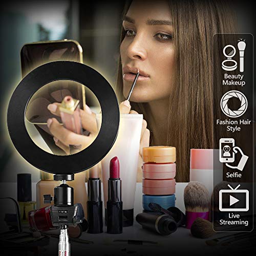 LED Ring Light with Stretchable Tripod Stand Selfie Stick, 6-inch Dimmable Floor/Table Annular Lamp for Selfie, Makeup, Live Stream, YouTube, Vlog, Camera/Phone Video Shooting USB Plug - color: Black-6''