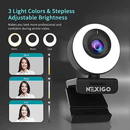 NexiGo N620E Webcam with Light, 1080P 60FPS AutoFocus, ePTZ 2X Digital Zoom, Plug and Play, [Software Included], FHD Streaming Web Camera, Dual Stereo Mics, for Zoom Skype Teams, PC Mac Laptop Desktop - style: Webcam with Light