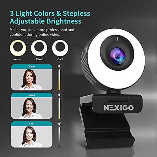 NexiGo N620E Webcam with Light, 1080P 60FPS AutoFocus, ePTZ 2X Digital Zoom, Plug and Play, [Software Included], FHD Streaming Web Camera, Dual Stereo Mics, for Zoom Skype Teams, PC Mac Laptop Desktop - style: Webcam with Light