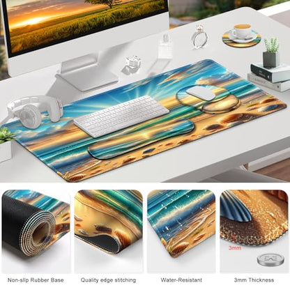 Gaming Mouse Pad, Large Desk Mat, Cute Desk Pad Protector, 4in1 XXL Mousepad + Keyboard Wrist Rest+Mouse Wrist Rest+Coaster Set with Ergonomic Desk Pad for Home Office Computer, Beach Sun Shell - color: Beach Sun Shell