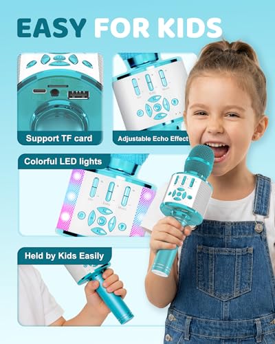 Amazmic Kids Karaoke Microphone Machine Toys for Girls Bluetooth Microphone with LED Light, Father's Day Birthday Gift for Girls Boys 3 4 5 6 7 8 9 10 11 12 Year Old Kids Toys(Blue) - color: Blue