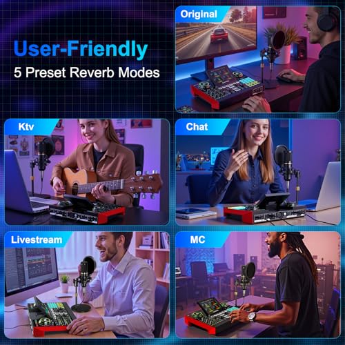 Podcast Microphone Bundle with Live Sound Card Audio Mixer, Podcast Equipment Bundle with 3.5mm BM800 Microphone for Pc/Youtube Live Streaming Singing Gaming, Sound Board with Voice Changer, Denoise