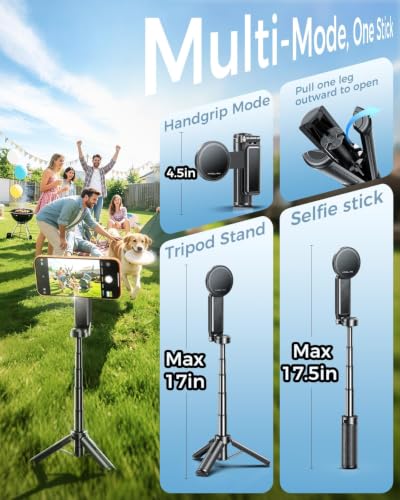 【Extends Up to Max 17"】 Magnetic Phone Tripod & Selfie Stick Tripod for iPhone Android, 4.5" Pocket Travel Stand with Wireless Remote, Detachable Clamp, 360° Rotatable for MagSafe, 4-in-1 Mini Tripod