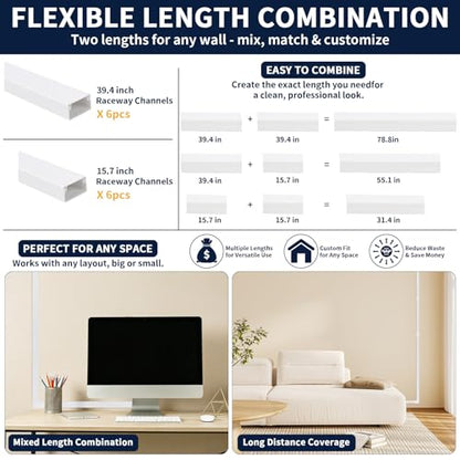 330in Cord Hider Kit – 6 Long 39.4" + 6 Short 15.7" White Cable Raceway, Wall Mount TV Wire Cover, Paintable, Easy Install Cord Concealer, Wire Management for Home & Office - size: 330in L x 0.95in W x 0.55in H