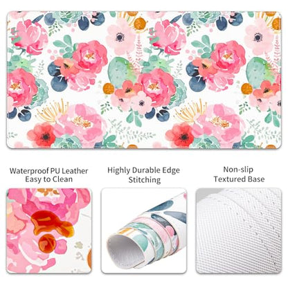QIYI Leather Desk Mat Set, 4-in-1 Large Mouse Pad with Ergonomic Wrist Rest, Waterproof Desk Pad + Keyboard Wrist Rest + Mouse Wrist Support + Coaster, Non-Slip Office Gaming Accessories, Pink Flowers - color: Watercolor Pink Flowers