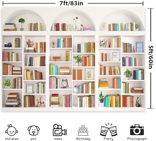 White Library Bookshelf Photo Backdrop, Modern Theme, 7x5FT | Zoom Background for Home Office, Vinyl, for Video Conference, Recording, Book Party Decor