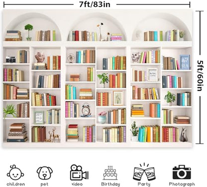 White Library Bookshelf Photo Backdrop, Modern Theme, 7x5FT | Zoom Background for Home Office, Vinyl, for Video Conference, Recording, Book Party Decor