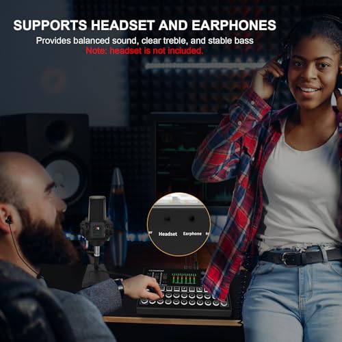 RHM M9 Podcast Equipment Bundle, All-in-One Starter Kit with Condenser Microphone & Tripod, Support Guitar or Bass Connection, 8H Battery, Portable Sound Mixer for TikTok, YouTube, PC, Smartphone