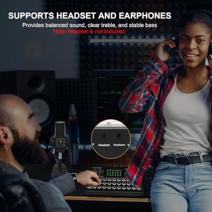 RHM M9 Podcast Equipment Bundle, All-in-One Starter Kit with Condenser Microphone & Tripod, Support Guitar or Bass Connection, 8H Battery, Portable Sound Mixer for TikTok, YouTube, PC, Smartphone