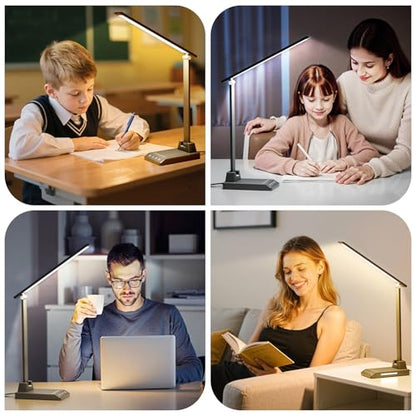 ShineTech LED Desk Lamp with USB-C Charging Port, Dimmable Desk Lamp for Home Office, Eye-Caring Reading Lamp with 25 Lighting Modes, Small Desk Light for Bedroom Nightstand with Adapter - color: Black