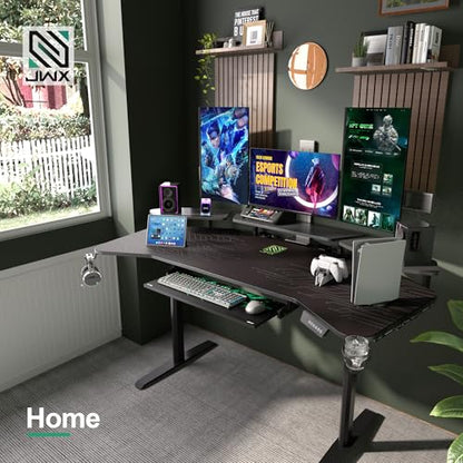 JWX Dual Motor Standing Gaming Desk with Aluminum Alloy Led Lights, 72'' Wing Shaped Large Gaming Studio Music Desk with Slot Design Shelves, for Streamer, Social Media Influencer & Music Recording - size: Wing Shaped-Black