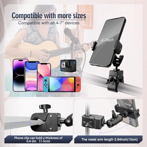 Clip Phone Holder for Desk,Pole,Pipe,Boom,Flat Surface with Adjustable Aluminium Arm Phone Clamp Mount for Mic Stand,Treadmill Compatible with All 4-7” Cell Phone (Short-Aluminium Arm Phone Holder) - style: 3.94" Aluminum Arm Phone Holder