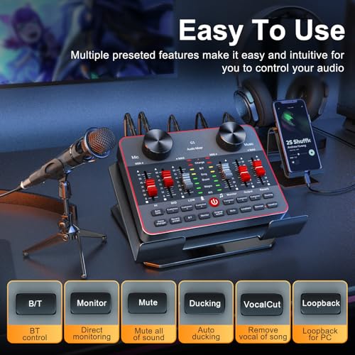 G1 Audio Mixer Kit for Live Streaming，Live Sound Card for Streaming，Audio Interface DJ Mixer Sound Card/Board Condenser Microphone for Tiktok Gaming Video Content Creator Kit.