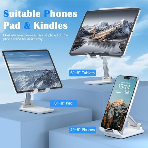 Cell Phone Stand, Adjustable Angle and Height Cell Phone Holder for Desk, Foldable and Portable, Anti-Slip Silicone Pad, Compatible with All Mobile Phones and 4-8 Inch Devices (White&White) - color: White&White
