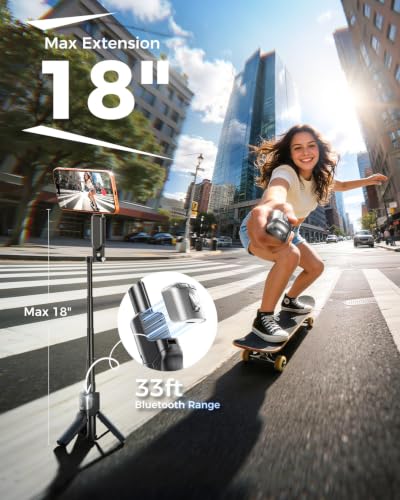 Mini Magnetic Selfie Stick Tripod for MagSafe, Pocket 4.8" Design, 4-in-1 | Zoom Control, Ergonomic Phone Grip, Detachable Multi-Function Bluetooth Remote and Up to 18" Extendable Selfie Stick
