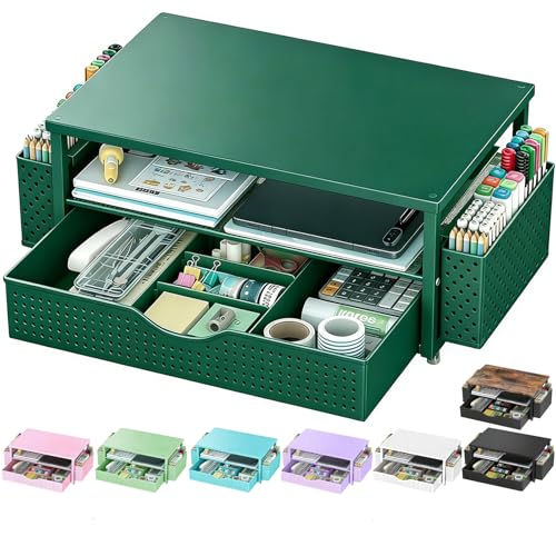 Spacrea Desk Organizer and Accessories, Computer Monitor Stand Riser with Drawer and 2 Pen Holders, Office Desk Accessories & Workspace Organizers for Office Supplies (Dark Green) - color: Dark Green