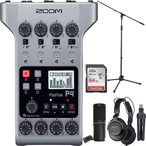 Zoom PodTrak P4 Portable Multitrack Podcast Recorder + Zoom ZDM-1 Podcast Mic Pack Accessory Bundle With Microphone, Headphones, Tripod, Windscreen & Cable + Accessory Kit