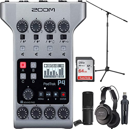 Zoom PodTrak P4 Portable Multitrack Podcast Recorder + Zoom ZDM-1 Podcast Mic Pack Accessory Bundle With Microphone, Headphones, Tripod, Windscreen & Cable + Accessory Kit