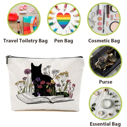 Cat Gifts for Women, Book Lovers Cosmetic Bag, Multicolor Floral Zipper Travel Makeup Bag - color: Book Flower Cat