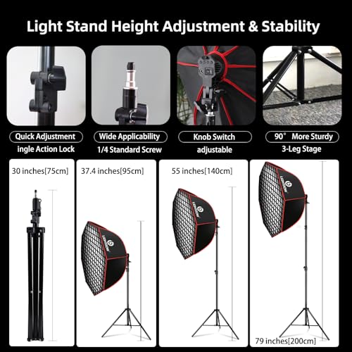 Light Box Photography Lighting Kit:37" Octa Softbox,Honeycomb Grid,110W LED Lamps,RC,Tripod Stands for Studio Light,Video Recording,Portraits,Model/Food/Pet/Baby/Product Shoots & Live Streaming - size: 1-Pack
