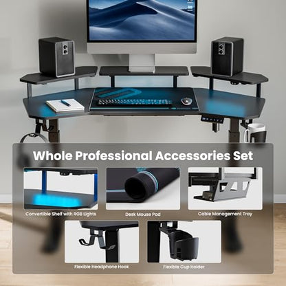 EUREKA ERGONOMIC Aero 55 Inch W Shaped Electric Standing Desk, Height Adjustable Computer Gaming Desk with LED Monitor Shelf, Mouse Pad, Headphone Hook, Cup Holder, Carbon Black - color: Black, size: 55"W x 35"H-Adjustable