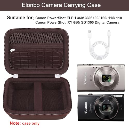 Elonbo Carrying Case for Canon PowerShot ELPH 360 HS A/ 360 HS/ 360/ IXY 650 Digital Camera, Canon PowerShot ELPH 330/190/160/115/130/110 Camera Hard Travel Bag, Mesh Pocket fits Battery Cable, Brown - color: Brown