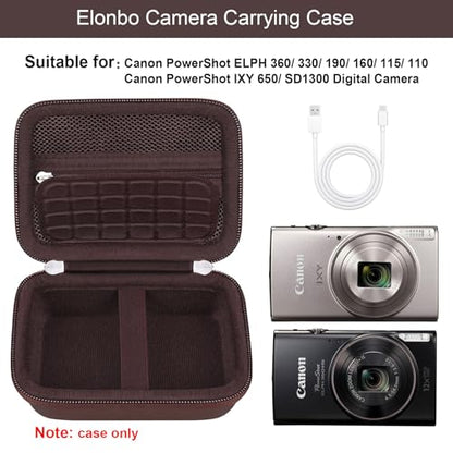 Elonbo Carrying Case for Canon PowerShot ELPH 360 HS A/ 360 HS/ 360/ IXY 650 Digital Camera, Canon PowerShot ELPH 330/190/160/115/130/110 Camera Hard Travel Bag, Mesh Pocket fits Battery Cable, Brown - color: Brown