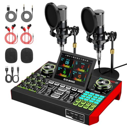 tenlamp G10 Dual Microphone Podcast Equipment Bundle with Live Sound Board Audio Mixer - Two Condenser Mics, Voice Changer, Noise Reduction, for PC/Phone Streaming, Gaming, Singing, Podcast