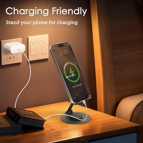 Metal Cell Phone Stand for Desk, Multi-Angel Adjustable 360° Rotation Desktop Phone Holder and Foldable Mobile Phone Stand, Compatible with iPhone 17 16 Pro Max and All Smartphones, Black - color: Black