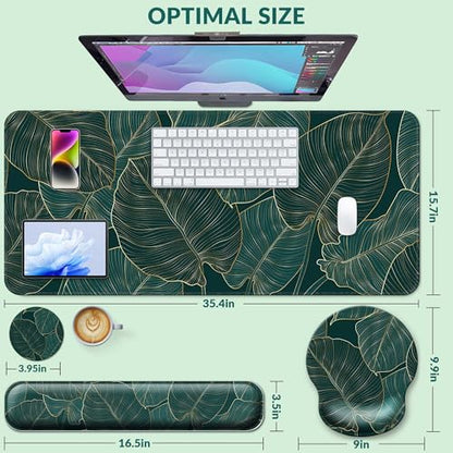 Desk Mat Set + Keyboard and Mouse Pad with Wrist Rest Support,4-in-1 Large Mousepad Computer Mats for Desktop Home & Office-Green Leaves - color: M-Green Leaves
