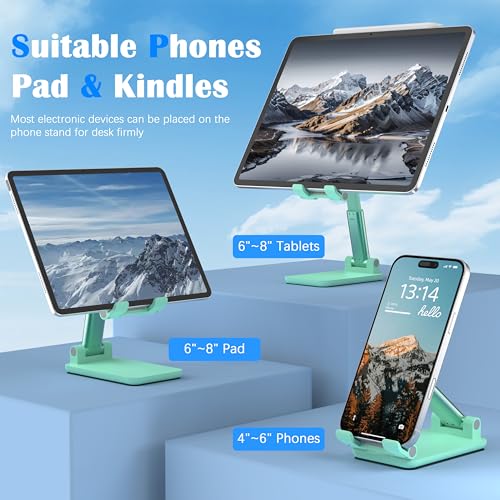 Cell Phone Stand, Adjustable Angle and Height Cell Phone Holder for Desk, Foldable and Portable, Anti-Slip Silicone Pad, Compatible with All Mobile Phones and 4-8 Inch Devices (Green&Green) - color: Green&Green