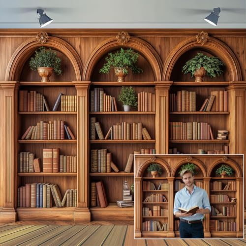15 x 10 ft Arched Bookshelf Backdrop Modern Vintage Library Books Office Plants Video Conference Photography Home Office Meetings Indoor Decorations Photo Banner Props - color: Brown3, size: 15X10FT