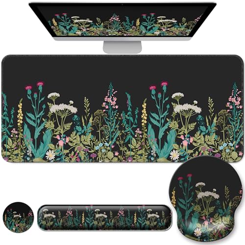 Desk Mat Set + Keyboard and Mouse Pad with Wrist Rest Support,4-in-1 Large Mousepad Computer Mats for Desktop Home & Office-Floral Flowers - color: L3-Floral Flowers