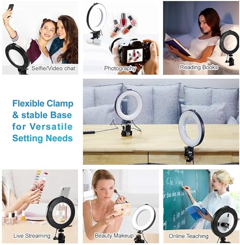 6" Ring Light with Clamp Mount & 10 Brightness Level，Desktop Light for Remote Meeting, YouTube, Selfie, Makeup, Live