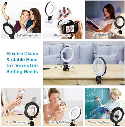 6" Ring Light with Clamp Mount & 10 Brightness Level，Desktop Light for Remote Meeting, YouTube, Selfie, Makeup, Live